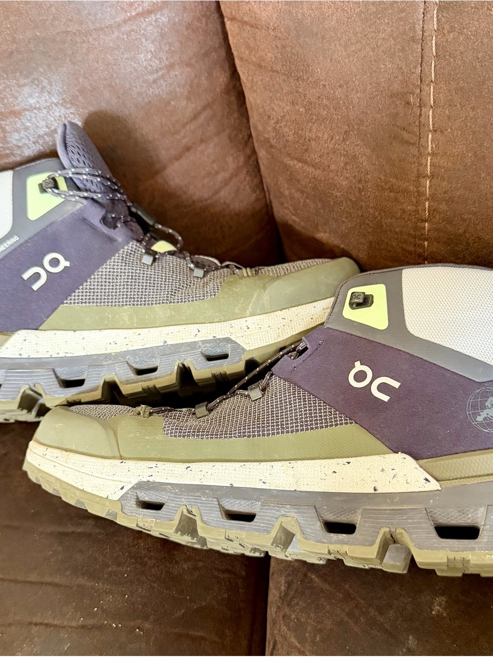 On Running Men's Trail Shoes in Olive and Gray with Lime Accents